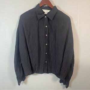 Allison Taylor Black Silk Button-Up Blouse Crinkle Texture Long Sleeve Office L
